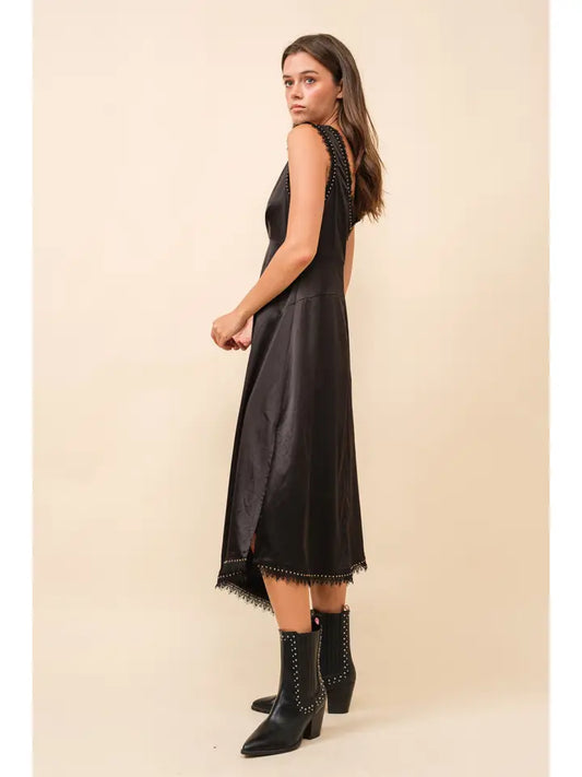 Asymmetrical Satin Studded Lace Slvless Midi Dress