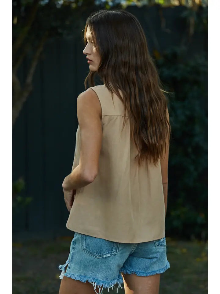 Woven Tencel Linen Half Button Down Sleeveless Top