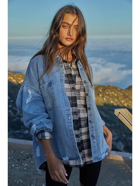 Washed Denim Ripped Button Down Jacket