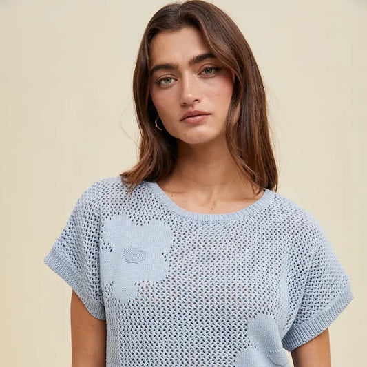 Flower Detail Open-Knit Sweater Top