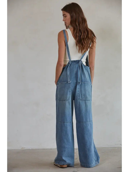 Denim Square Neck Button-Down Wide Leg Overalls