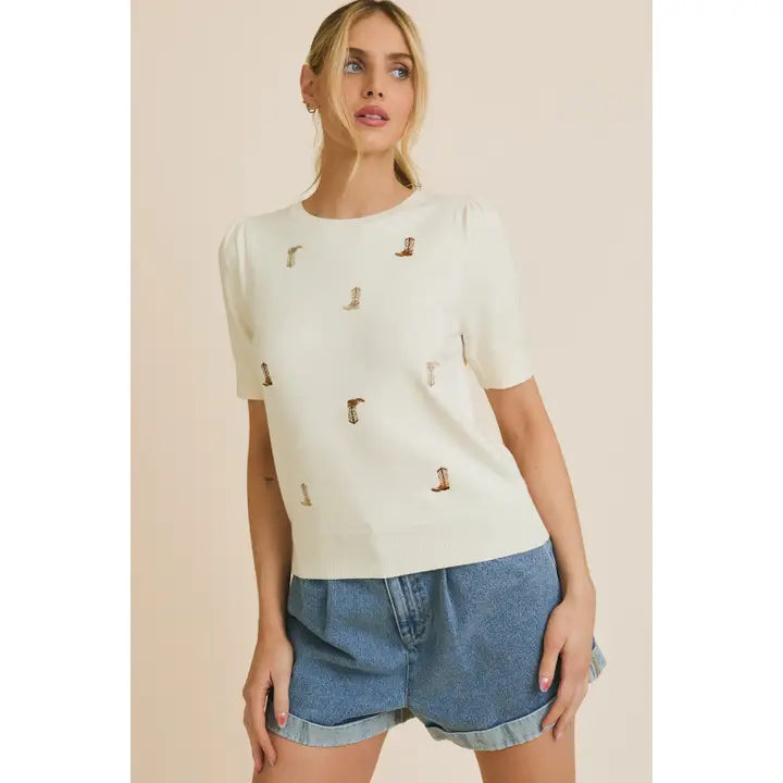 Round Neck Puff Sleeve Embroidered Knit Top