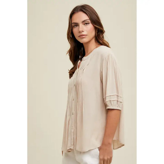 Balloon Sleeve Pleated Blouse