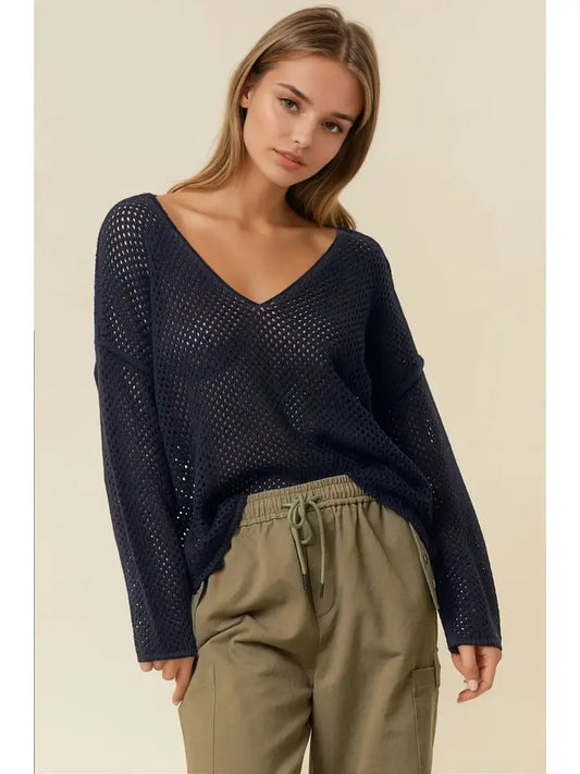 V-Neck Long Sleeve Fishnet Sweater Knit Top
