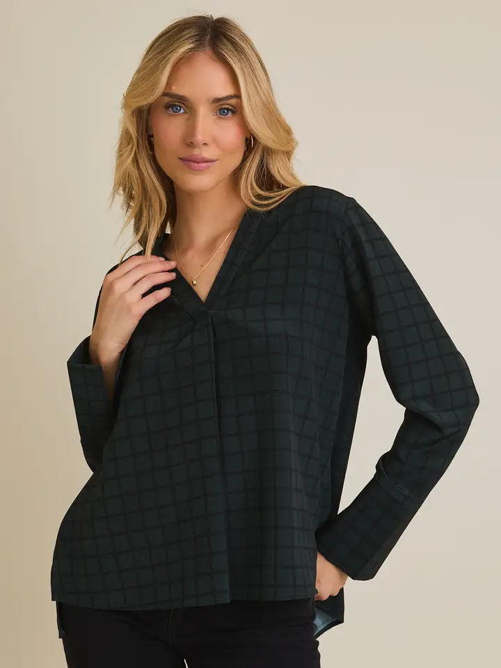 Notch Neck Long Sleeve Flare Hem Blouse