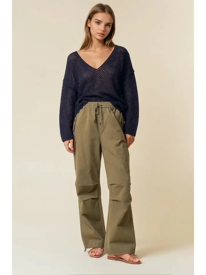 V-Neck Long Sleeve Fishnet Sweater Knit Top