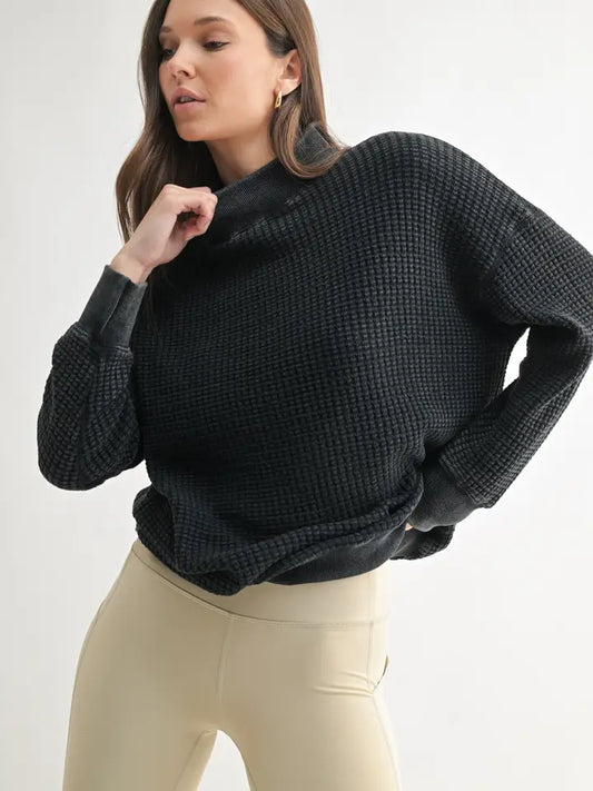 Chunky Waffle Mineral Wash Mock Neck Sweater
