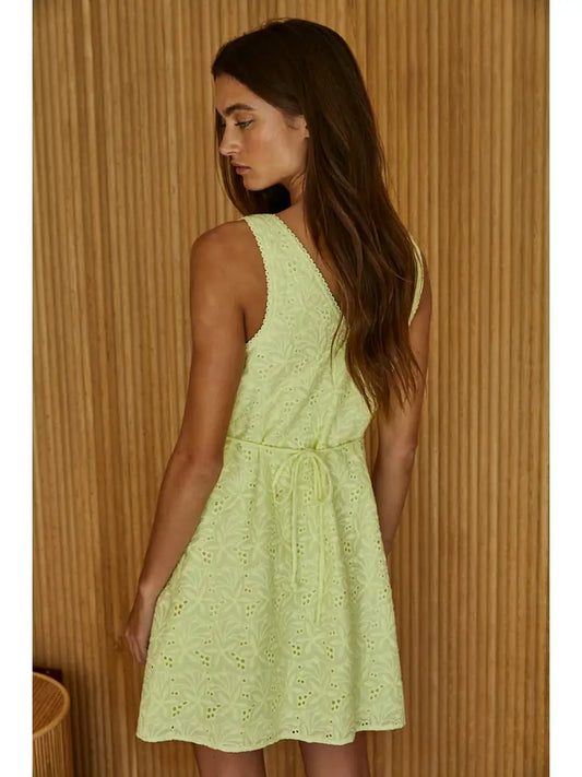 Woven Cotton Embroidery V-Neck Sleeveless Mini Dress