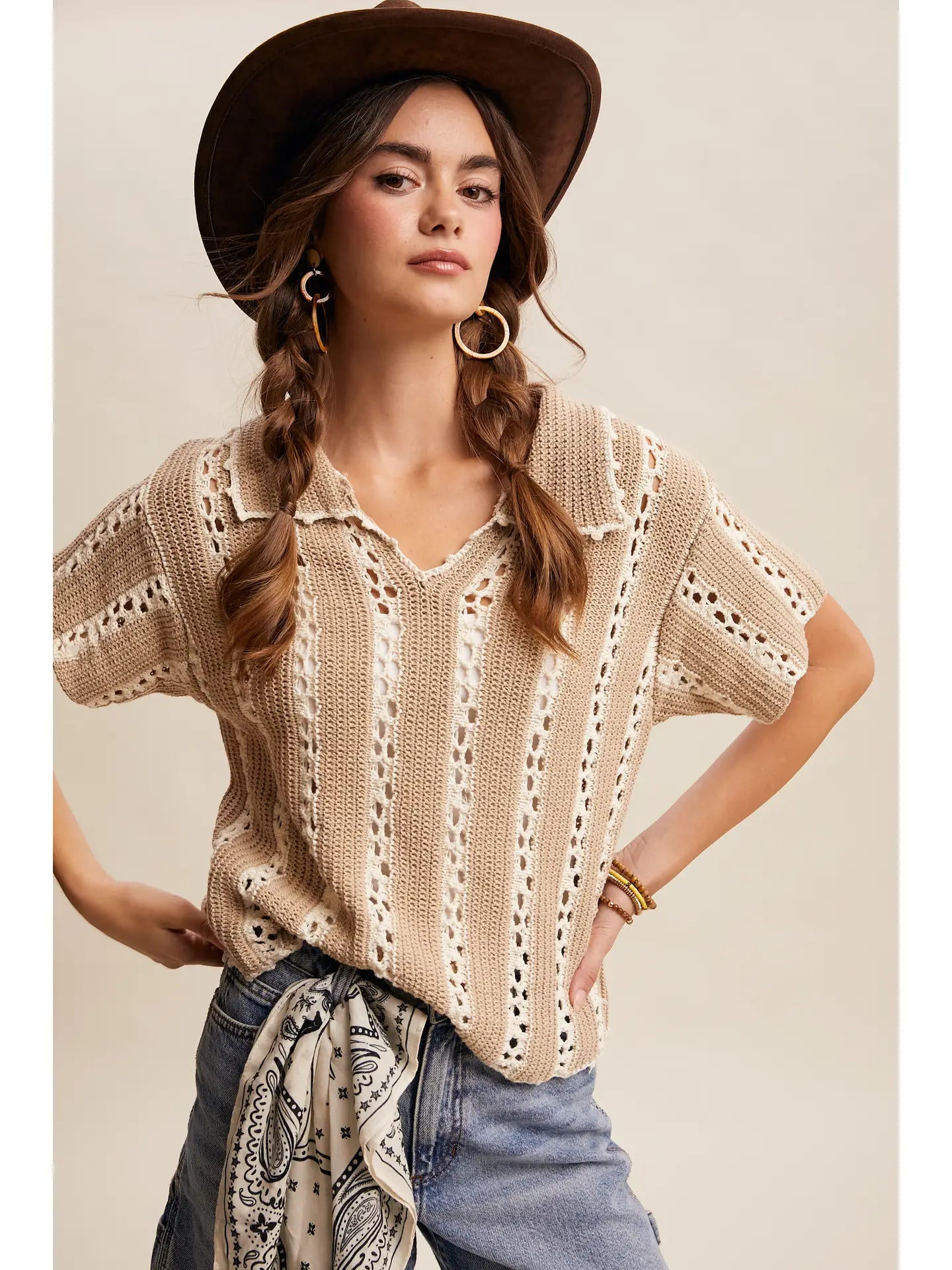Crochet Stripe Knit Collar Top