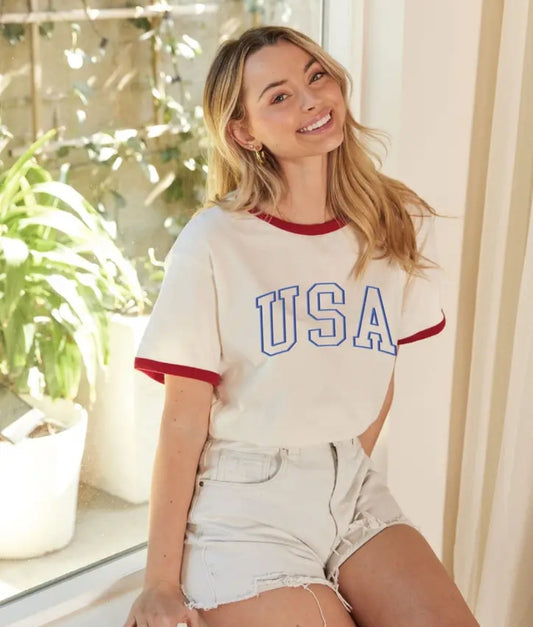 USA Puff Print Ringer Graphic T-Shirt