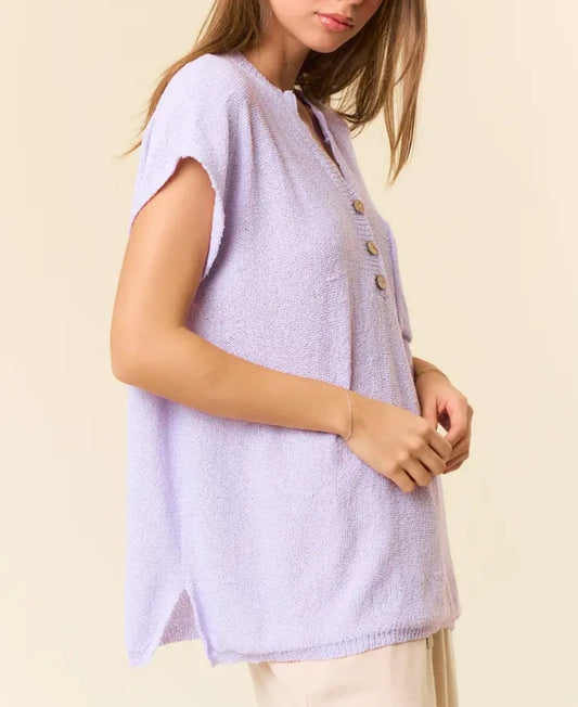 Oversized Henley Sweater Top w/ Front Pocket