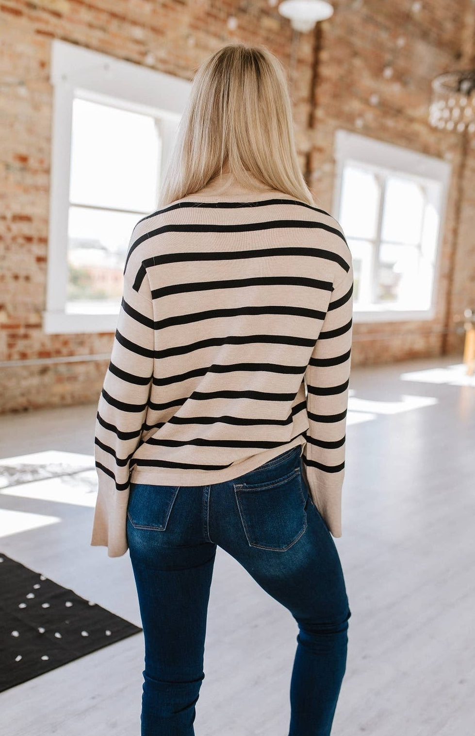 Striped Mock Neck Bell Sleeve Knit Sweater