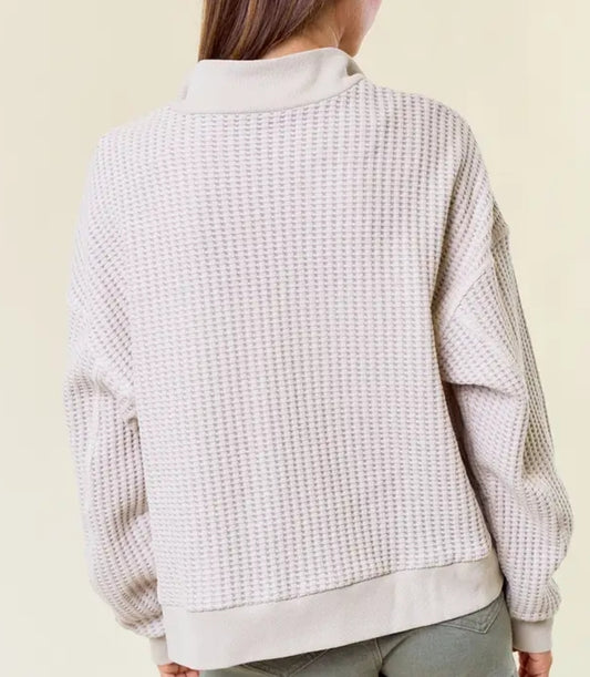 Cotton Waffle Knit Puff Sleeve Open Cardigan