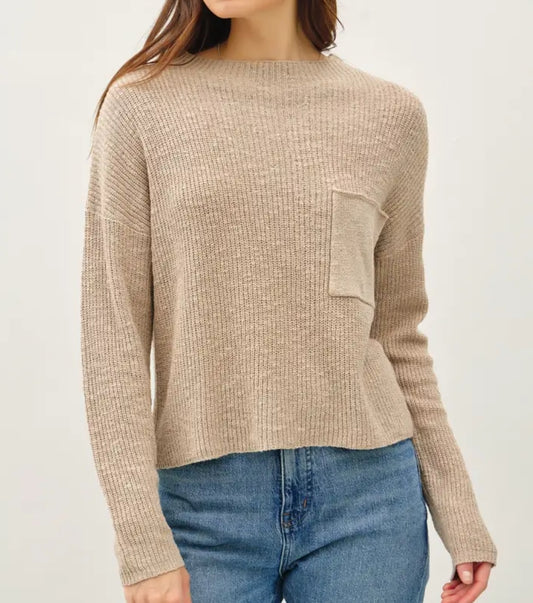 Boat Neck Chest Pocket Loose Knit Sweater