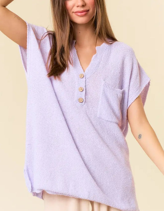 Oversized Henley Sweater Top w/ Front Pocket