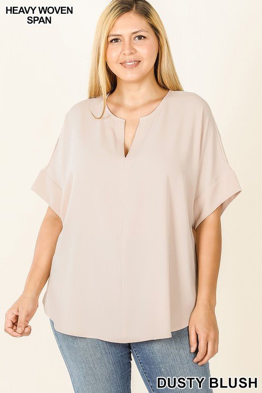 Plus Size V Neck Woven Airflow Dolman Short Sleeve Blouse Top with