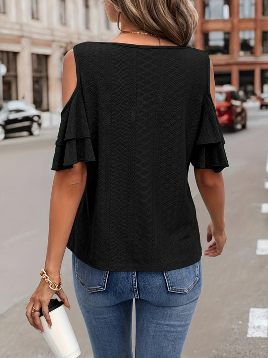 Pre-Order Eyelet V-Neck Cold Shoulder Blouse