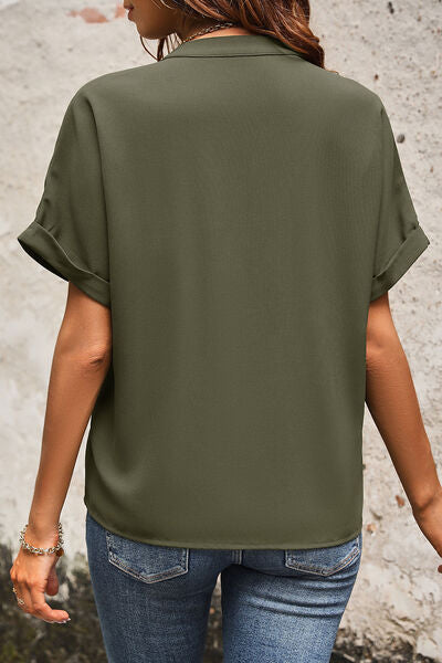 Pre-Order Pocketed Notched Short Sleeve Blouse