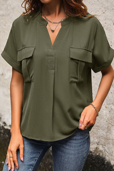 Pre-Order Pocketed Notched Short Sleeve Blouse