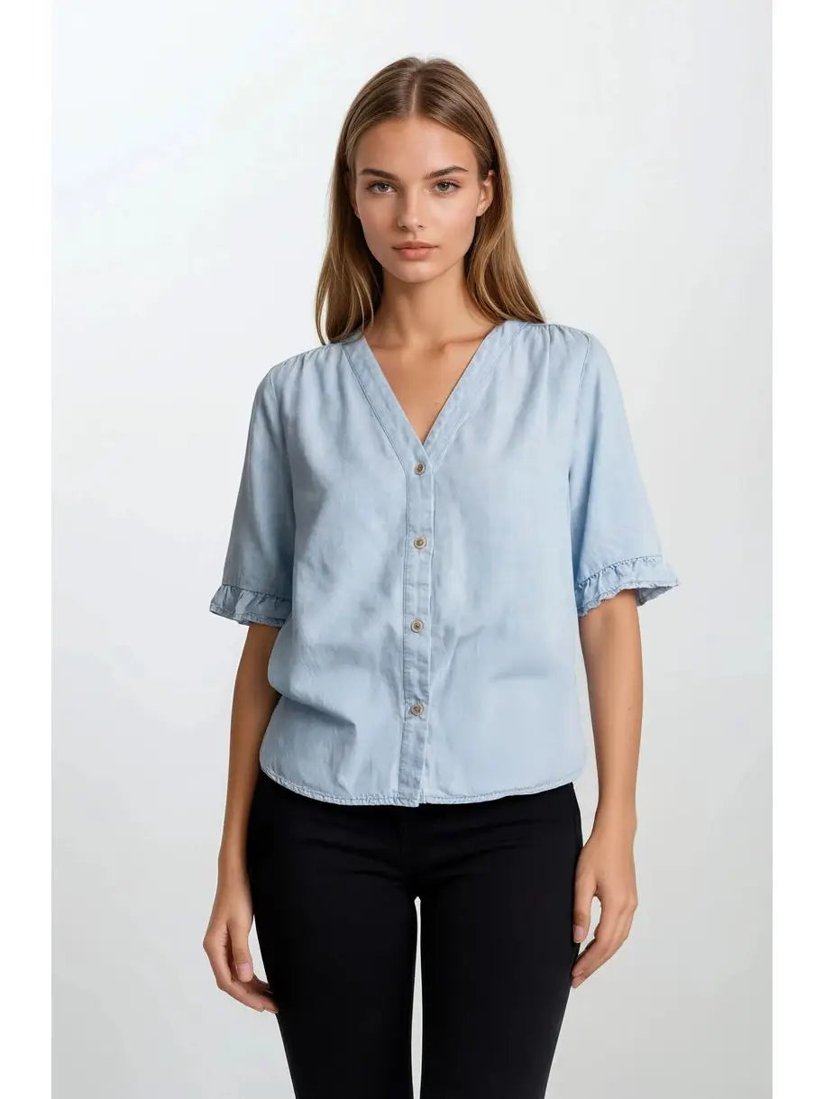Denim V-Neck Mini Ruffle Detail Top