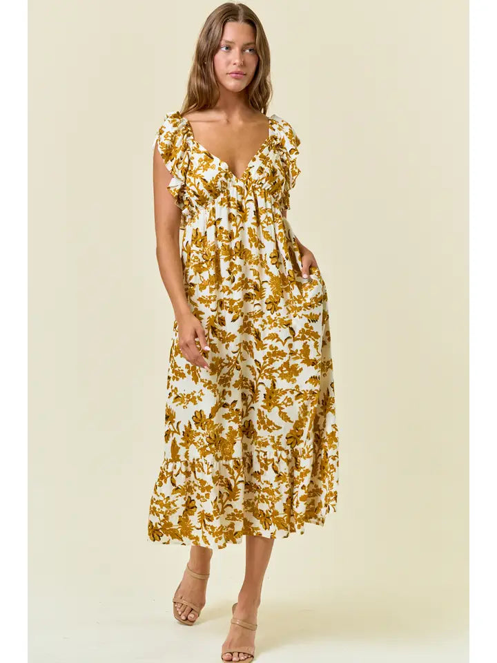 Floral Sweetheart Neckline Smocked Back Midi Dress