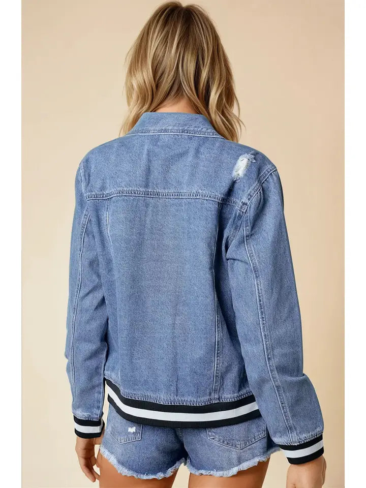 Washing Denim Jacket with Contrast Band