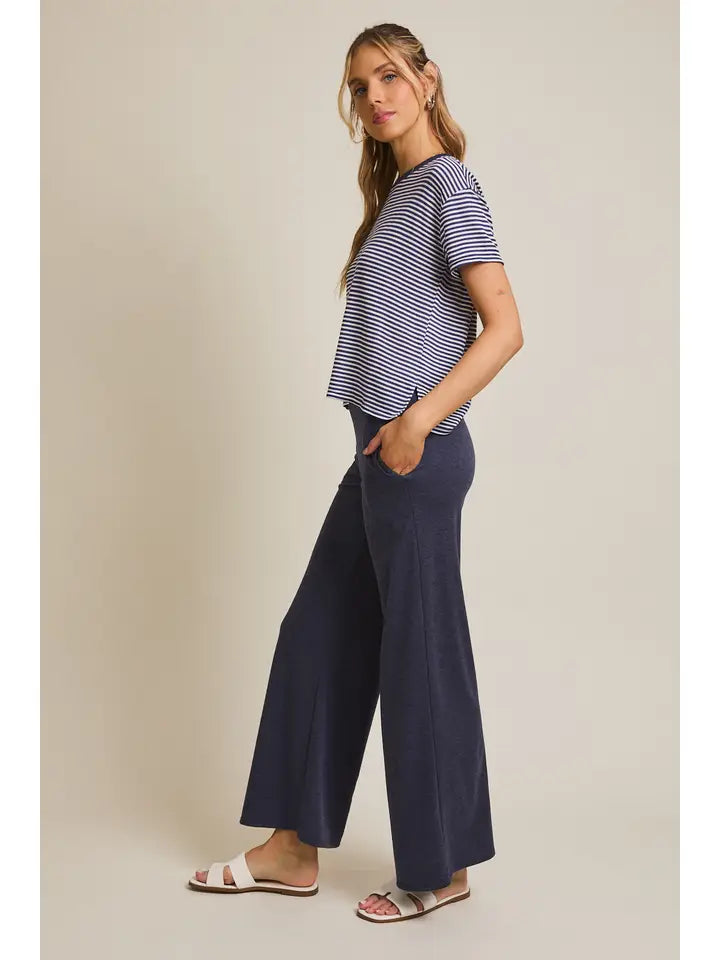 Short Sleeve Stripe Top and Waist Tie Flare Hem Pants