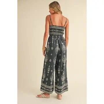 Smocked Printed Wide Leg Ankle Length Jumpsuit
