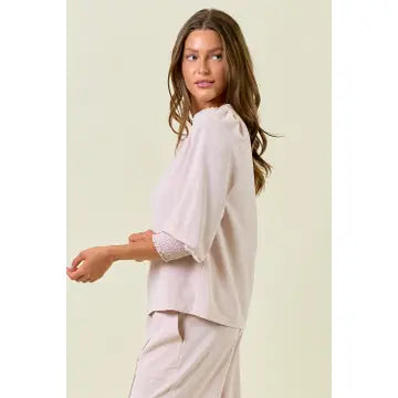 Washed Stretch Satin 3/4 Puff Sleeve Blouse