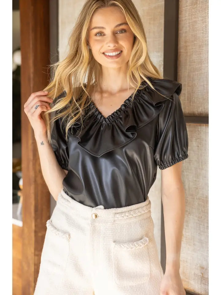 Wide Ruffle V Neck Faux Leather Top