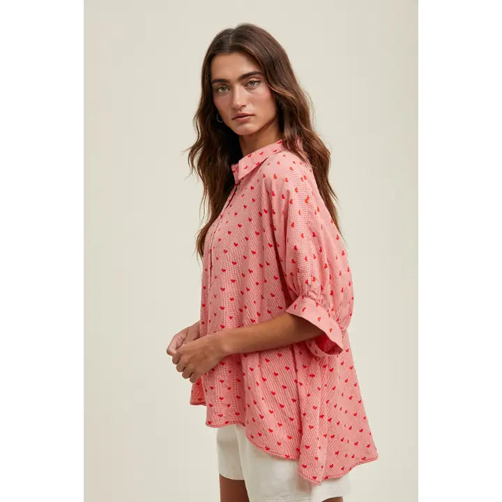 Heart Detailed Plaid Button-Up Blouse