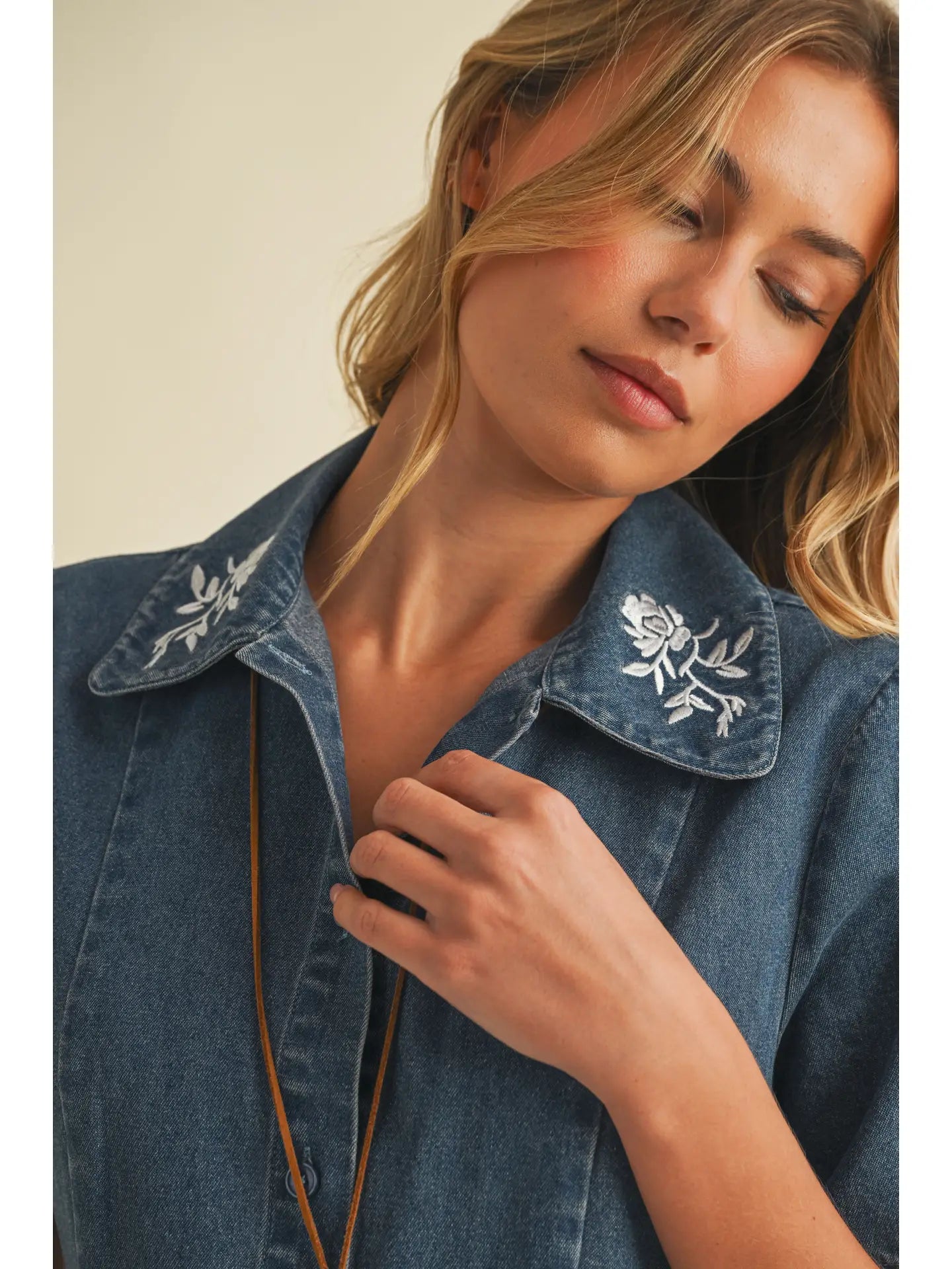 Embroidered Collar Denim Button Down Dress