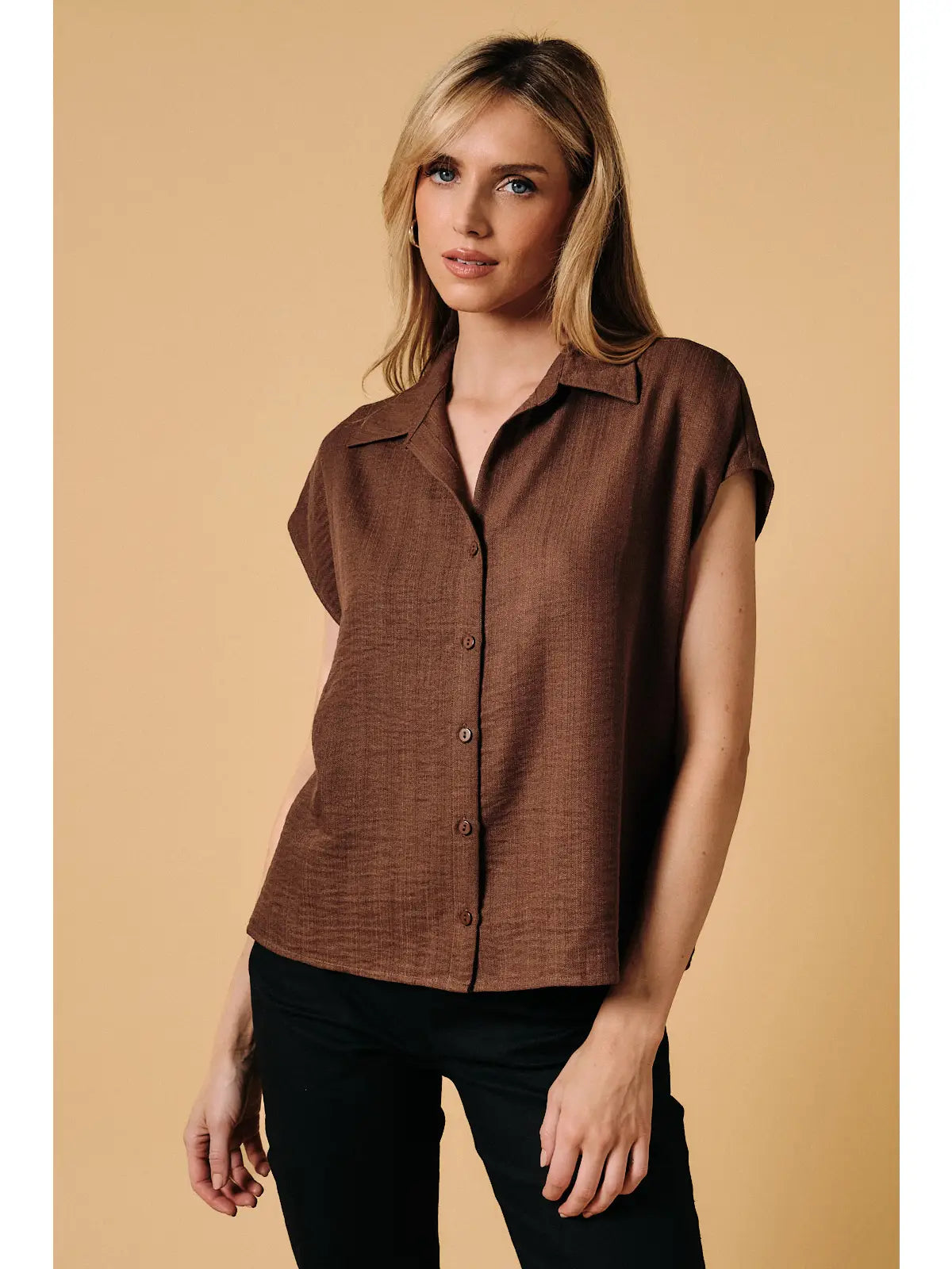 Wide Shoulder Sleeveless Button Down Shirt
