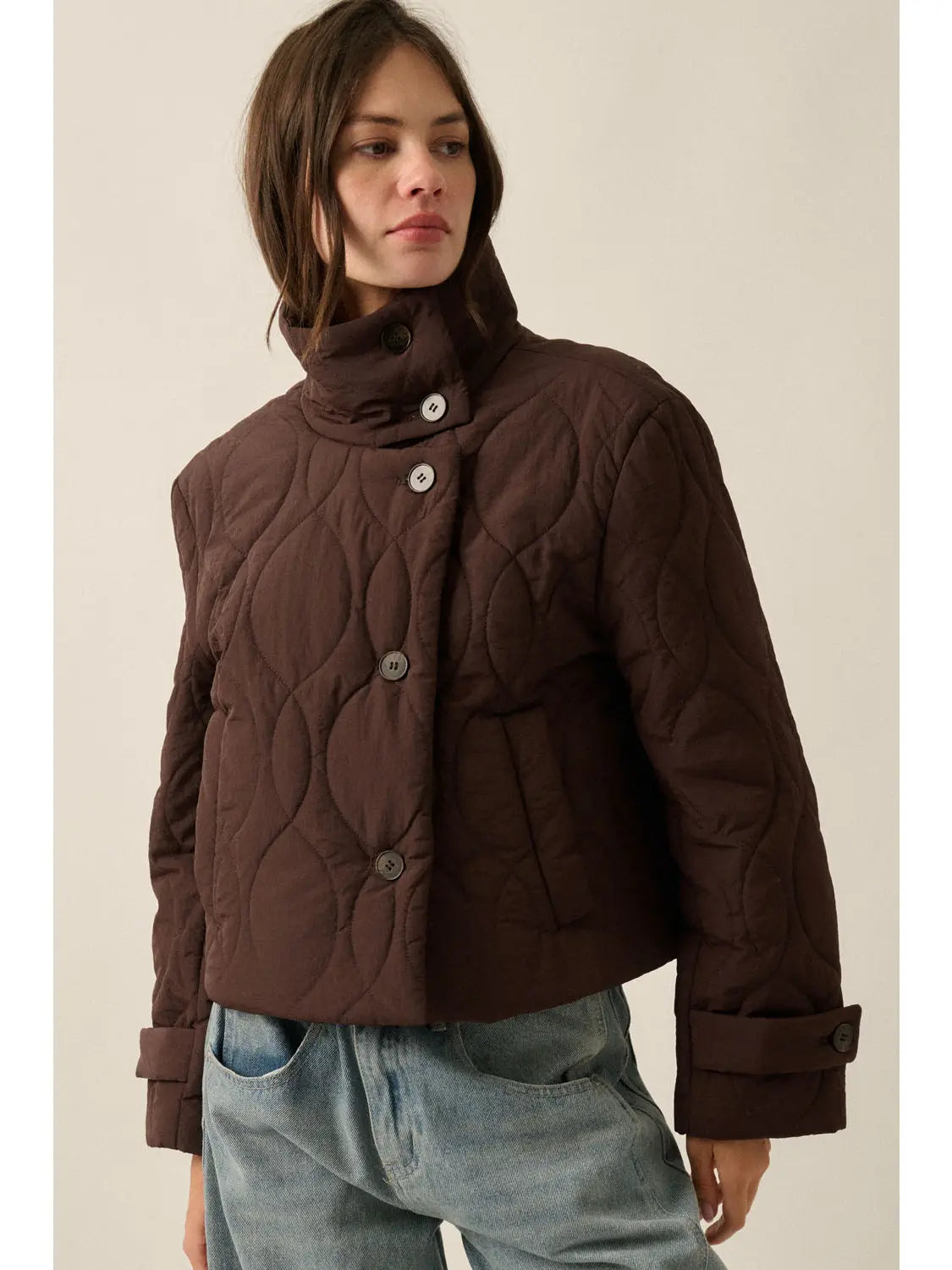 Solid Quilted High-Collar Button-Front Cropped Jacket