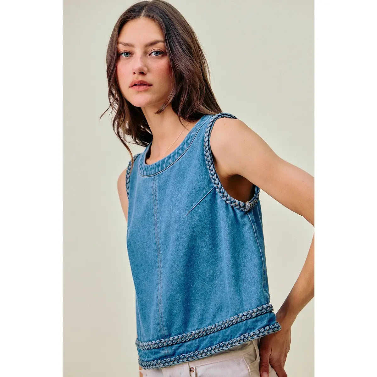Denim Braids Sleeveless Top with Back Zipper
