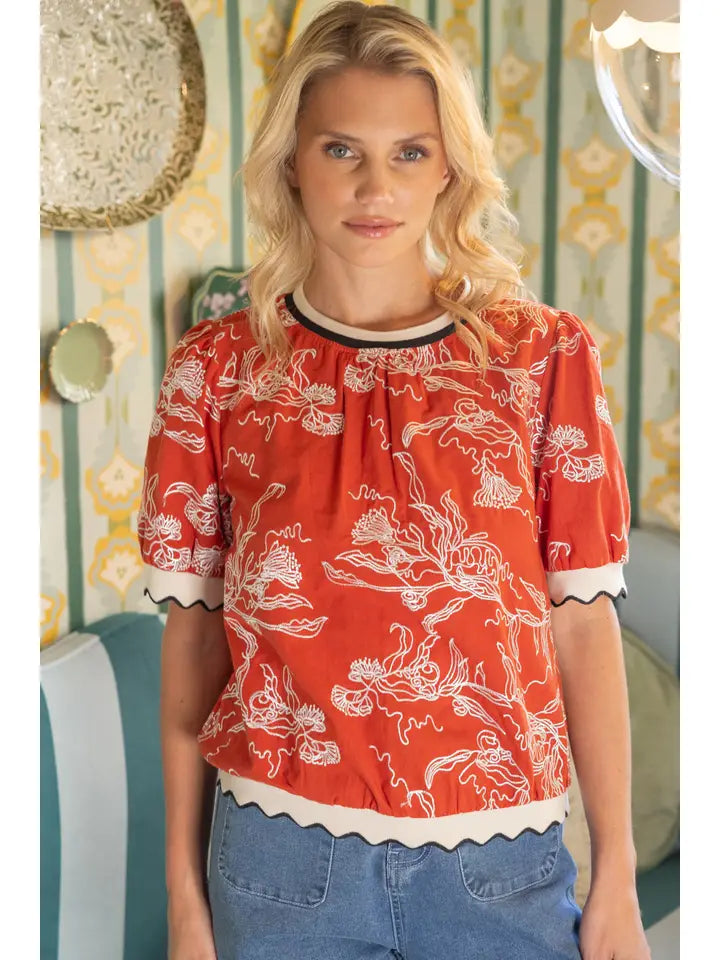 Abstract Floral Embroidered Scalloped Band Top