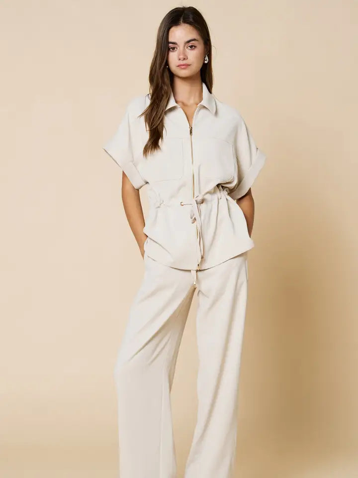 Front Zipper Closure Collared Drawstring Blouse
