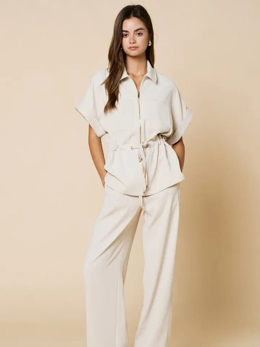 Front Zipper Closure Collared Drawstring Blouse