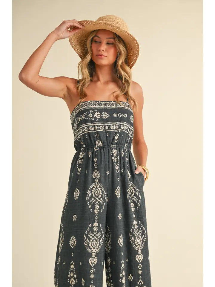 Smocked Printed Wide Leg Ankle Length Jumpsuit