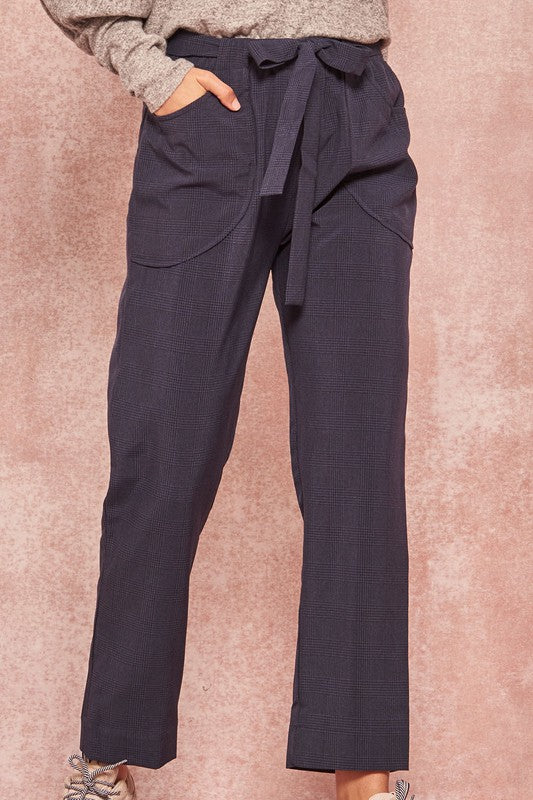 Plaid Belted Cropped Pants with Pockets