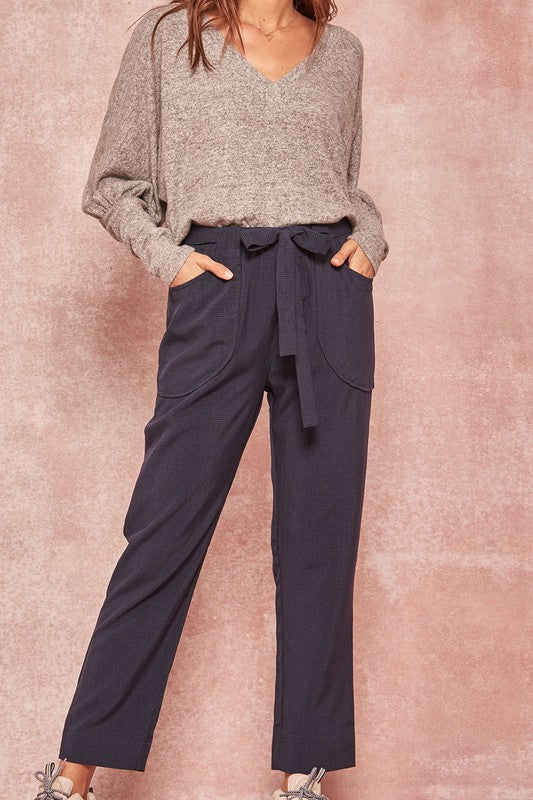 Plaid Belted Cropped Pants with Pockets