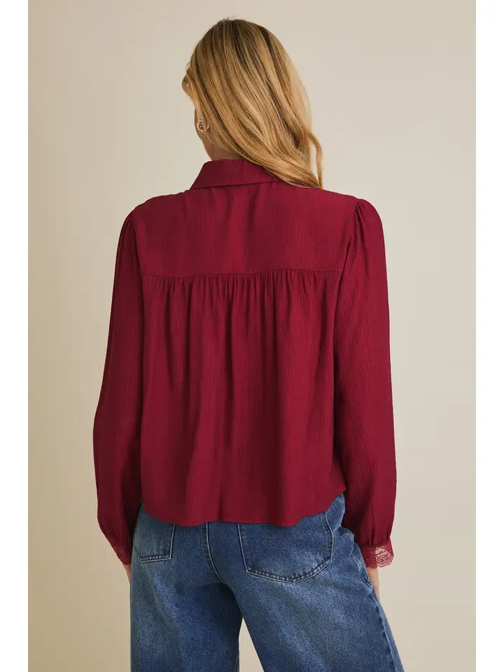 Long Sleeve Lace Trim Detail Button Up Shirt