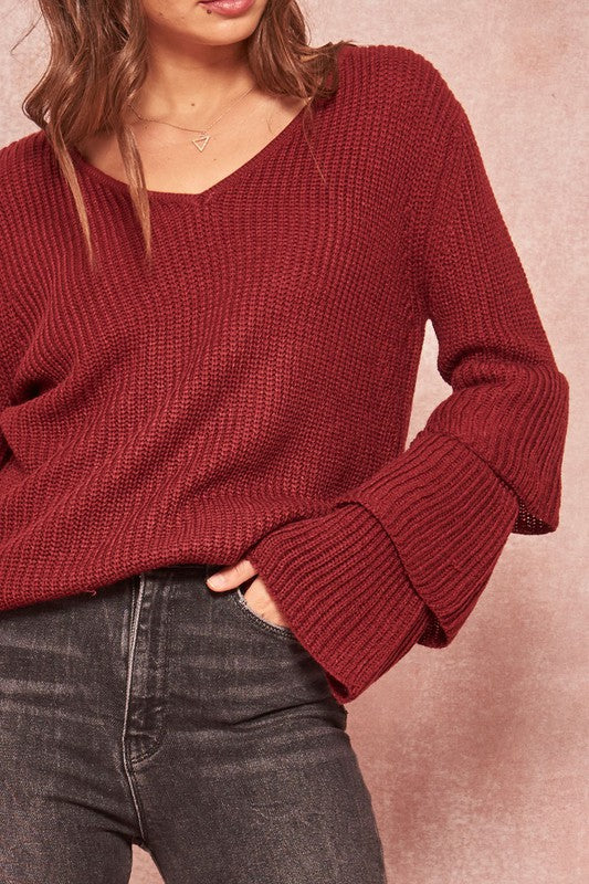 Tiered Ruffle-Sleeve Ribbed Knit V-Neck Sweater