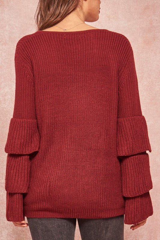 Tiered Ruffle-Sleeve Ribbed Knit V-Neck Sweater