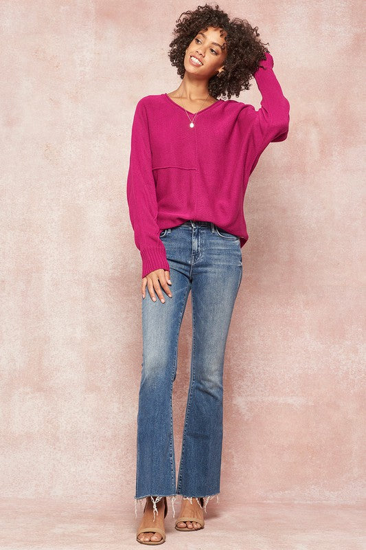 Exposed Seam V-Neck Knit Dolman Sweater