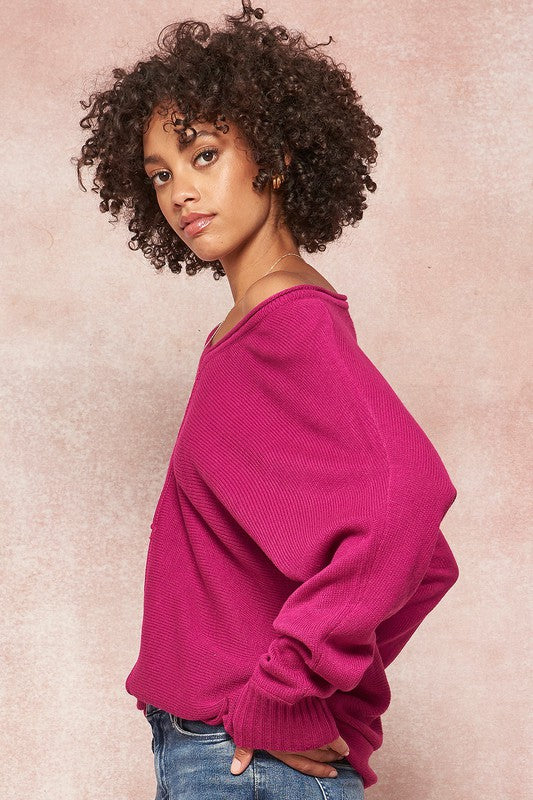 Exposed Seam V-Neck Knit Dolman Sweater