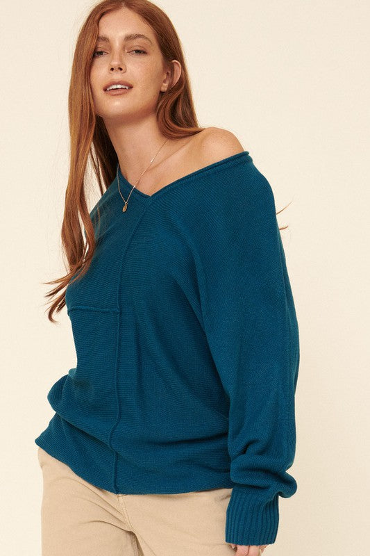 Exposed Seam V-Neck Knit Dolman Sweater