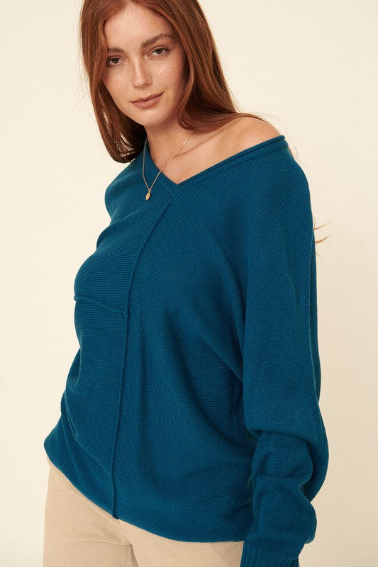 Exposed Seam V-Neck Knit Dolman Sweater