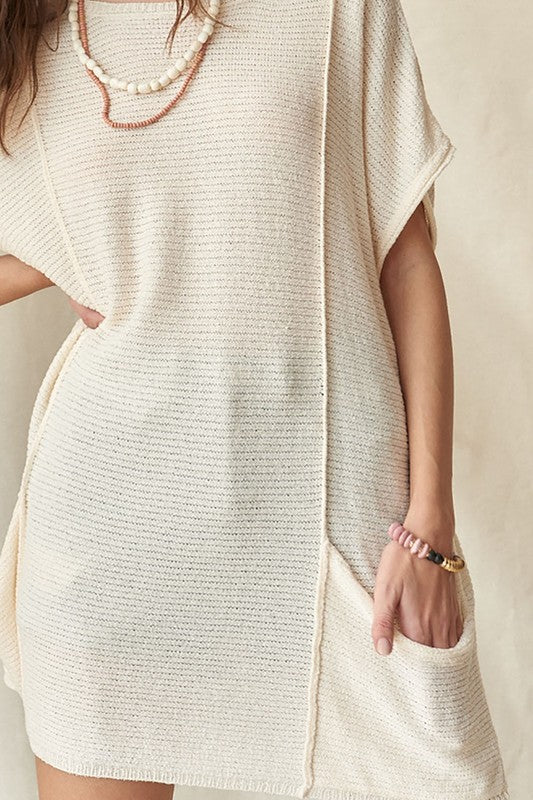 Ribbed Knit Kimono-Sleeve Pocket Tunic Sweater