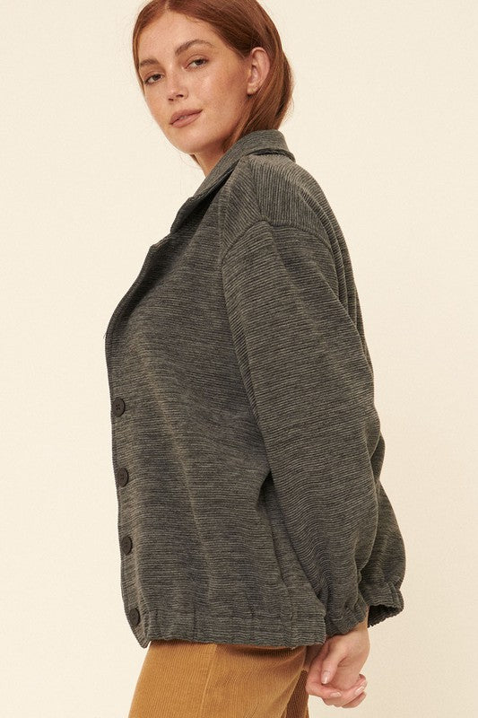 Ribbed Button-Front Lapel-Collar Jacket
